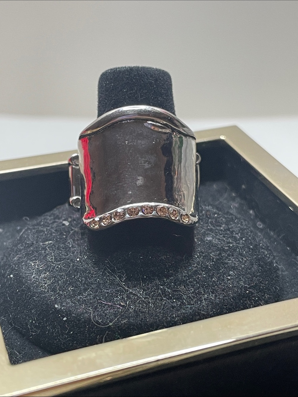 paparazzi Shiny Silver Tone Cuff Ring with Rhinestone Accent